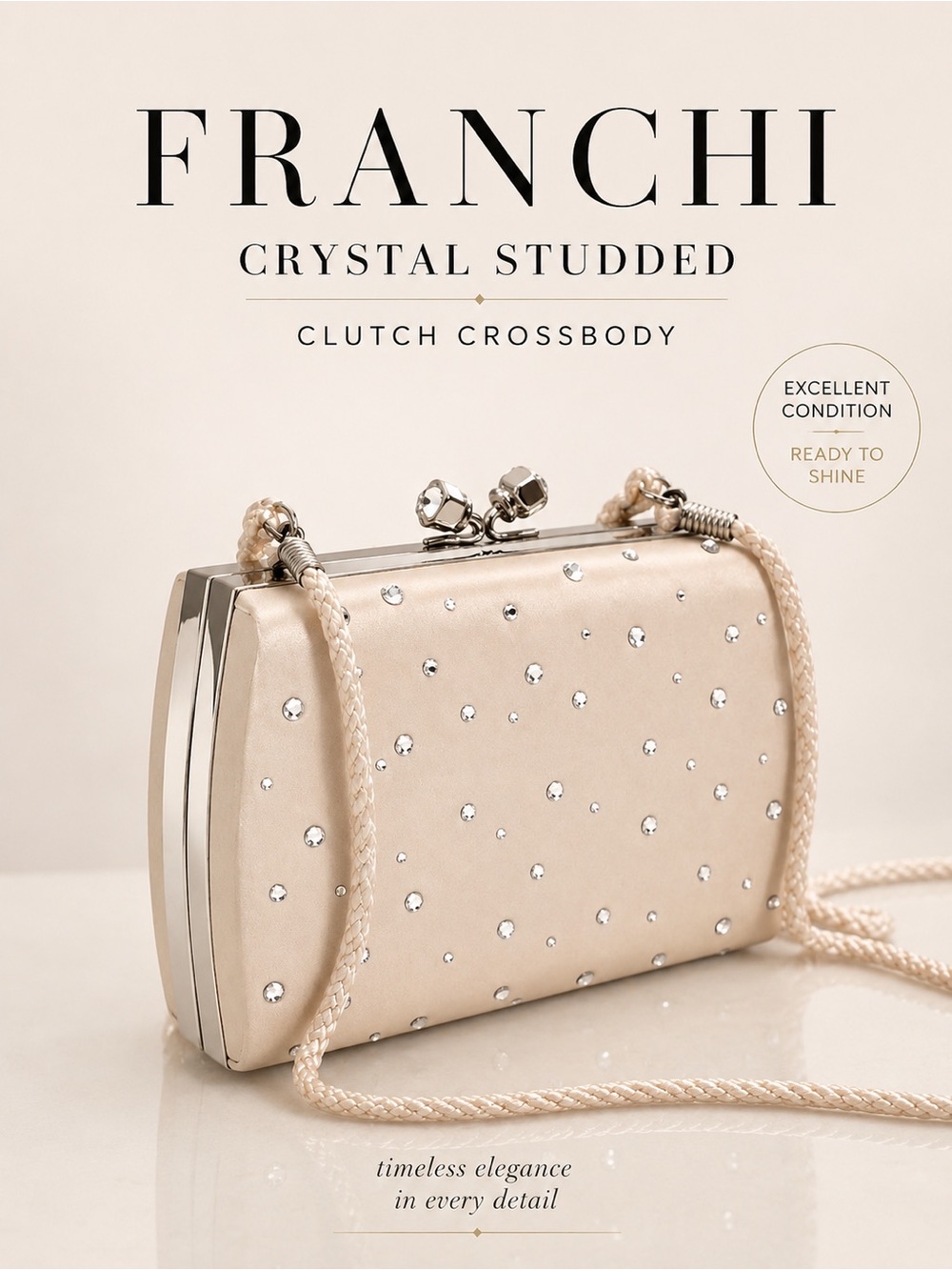 Franchi Ivory Crystal Studded Satin Clutch Crossbody Kiss Lock